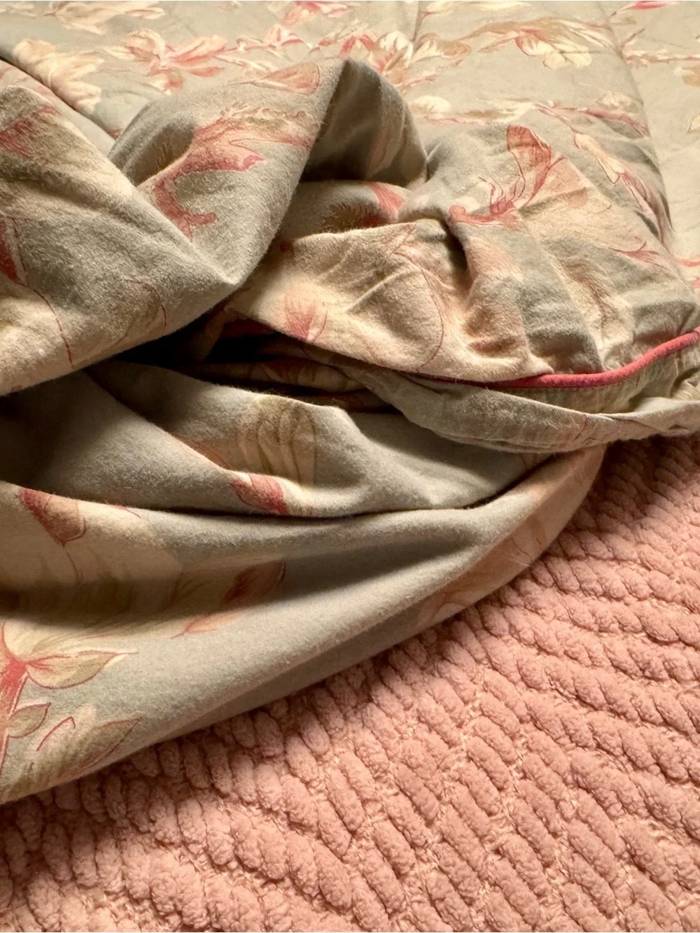 Floral Pastel Duvet Cover on a Light Moss Background with Pink-Coral Piping